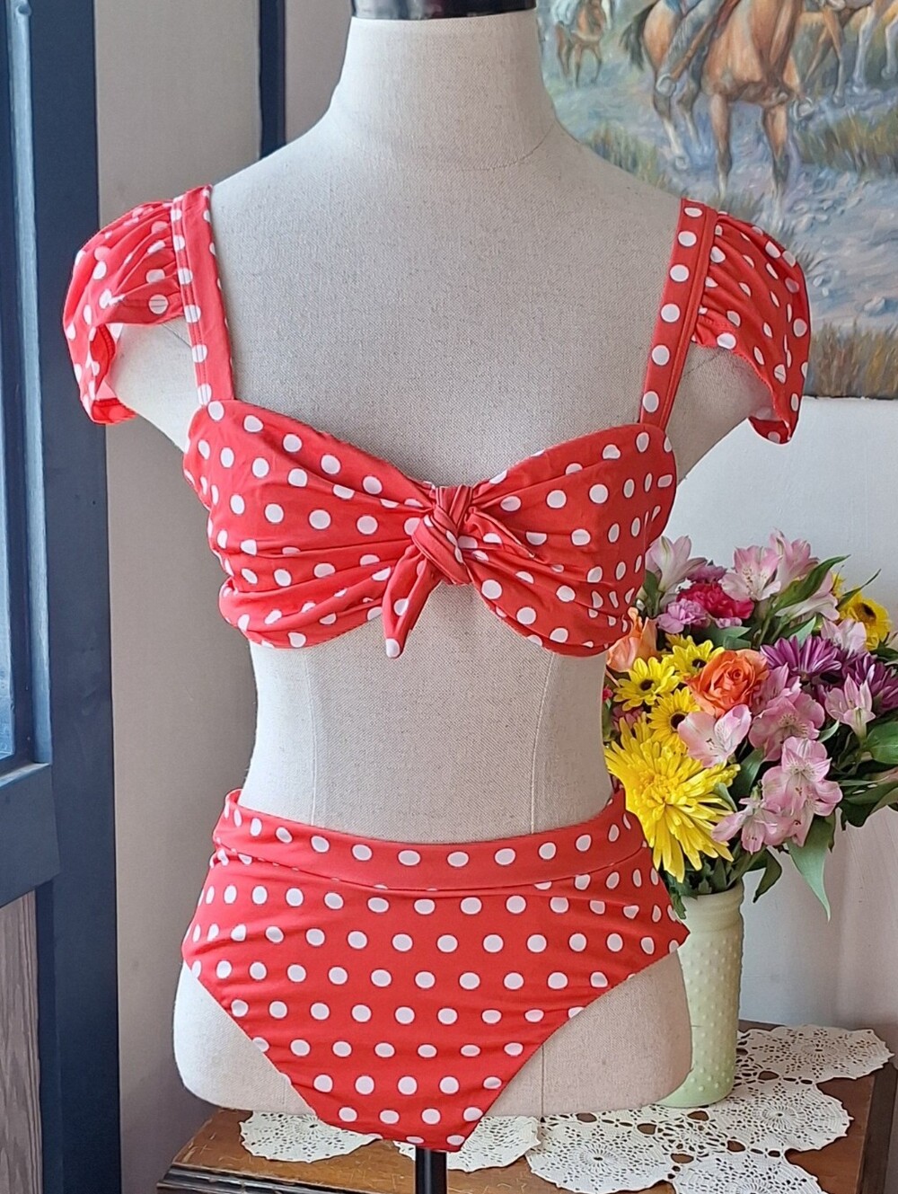 Yellow The Label Polka-Dot Brazilian Cut Bikini, Top L, Bottoms M, NWOT
